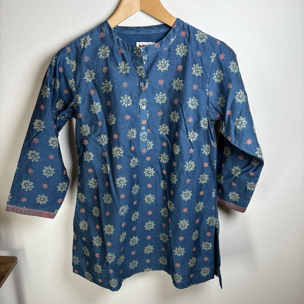 NWT Fabindia Women XS Blue Kurta Short Boho Ethnic Cotton Silk Floral Print